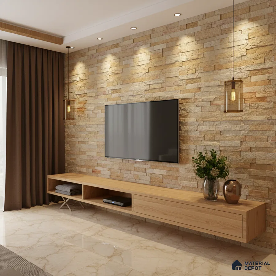 Modern living room with stone cladding accent wall and light oak laminate TV unit in Bengaluru