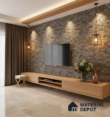 Modern living room with stone cladding accent wall and light oak laminate TV unit in Bengaluru
