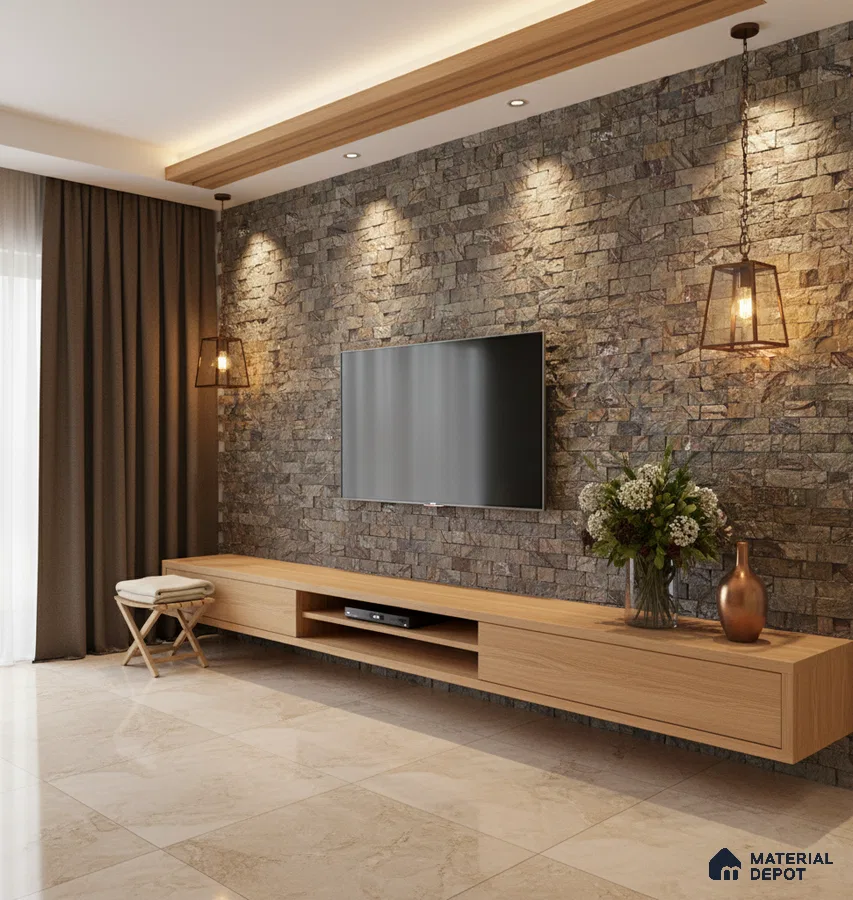 Modern living room with stone cladding accent wall and light oak laminate TV unit in Bengaluru