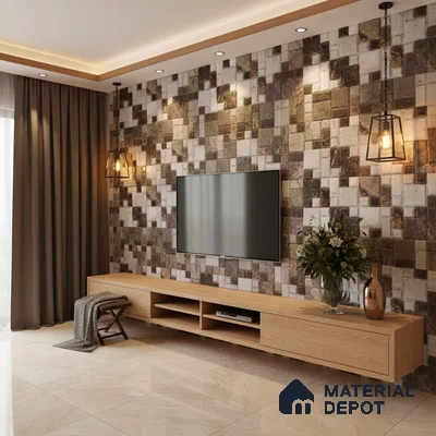 Modern living room with stone cladding accent wall and light oak laminate TV unit in Bengaluru