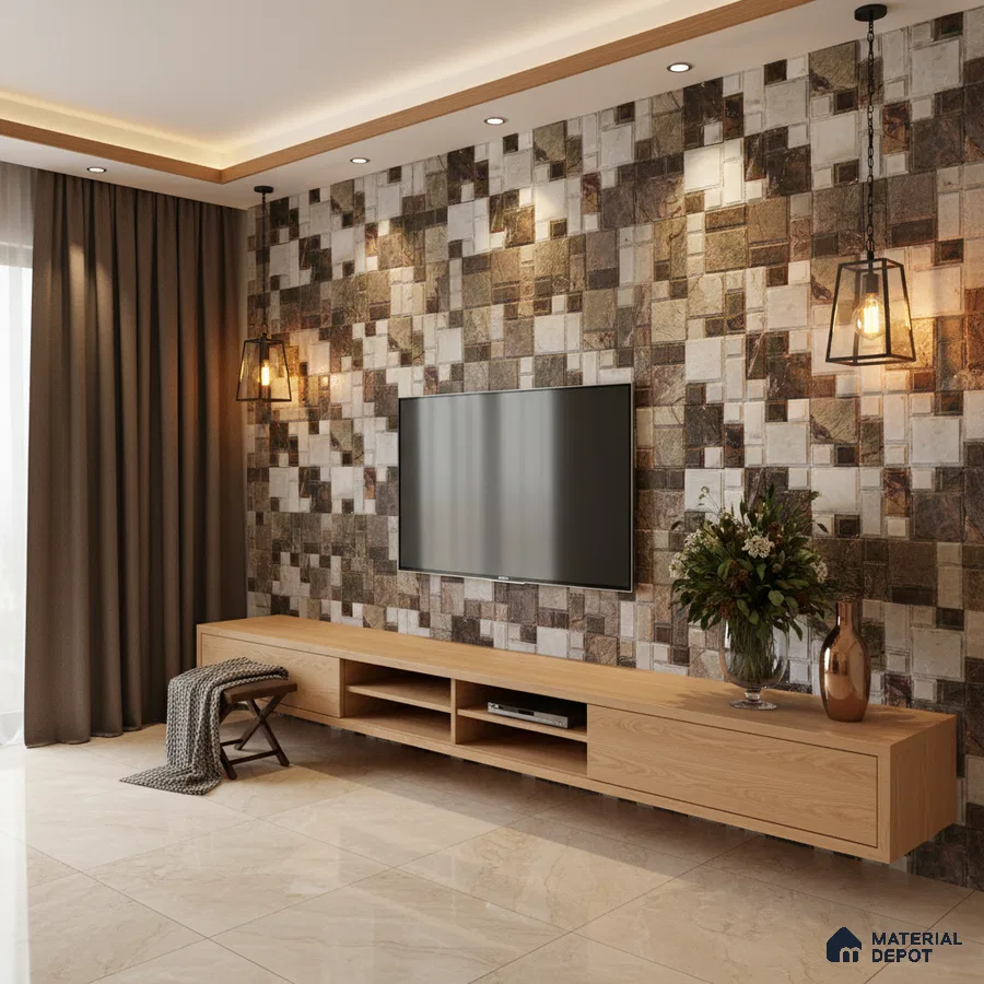 Modern living room with stone cladding accent wall and light oak laminate TV unit in Bengaluru