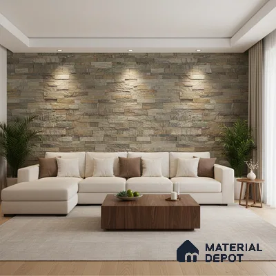 Modern living room with stone cladding accent wall and light wood flooring in Bengaluru