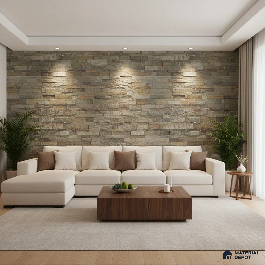 Modern living room with stone cladding accent wall and light wood flooring in Bengaluru