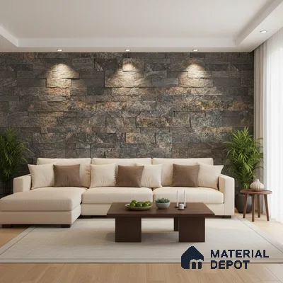 Modern living room with stone cladding accent wall and light wood flooring in Bengaluru
