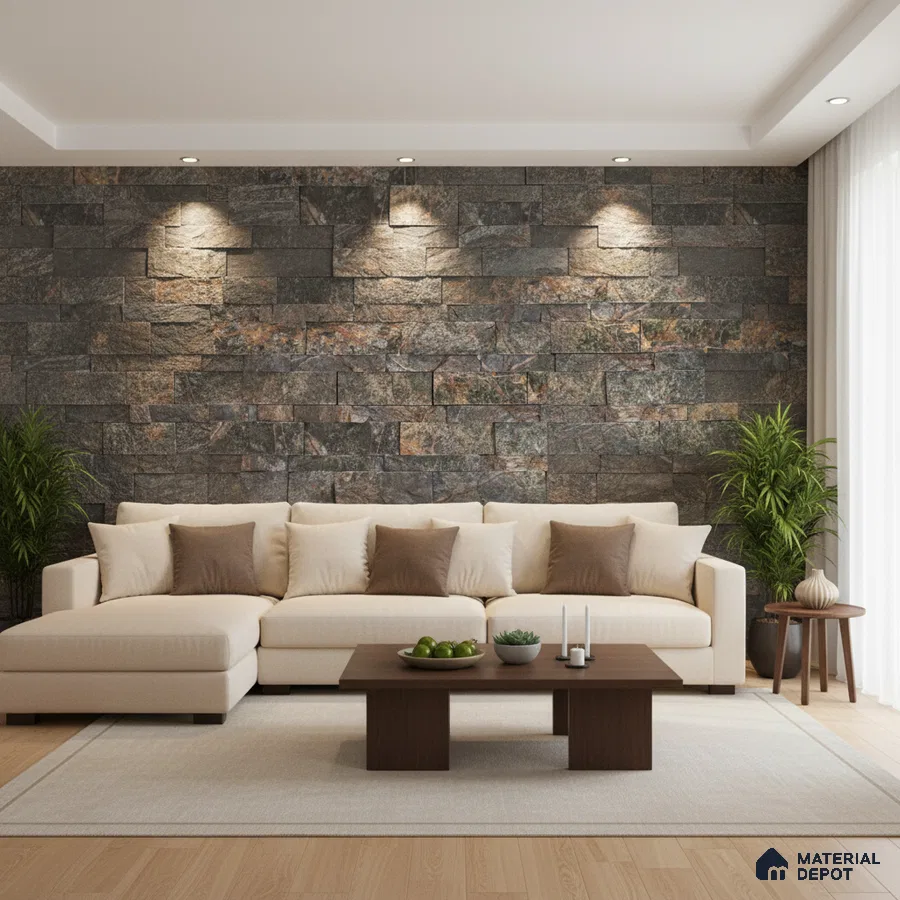 Modern living room with stone cladding accent wall and light wood flooring in Bengaluru