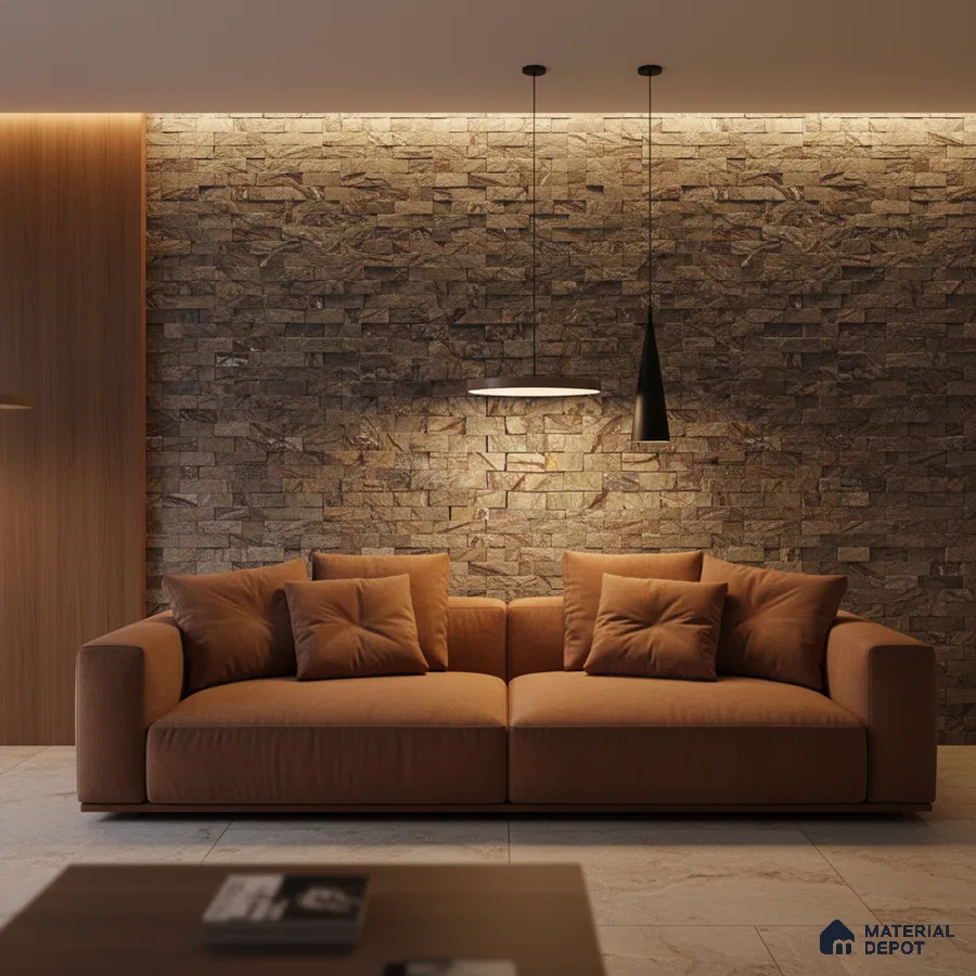 Modern living room with stone cladding accent wall and tan fabric sofa in Bengaluru