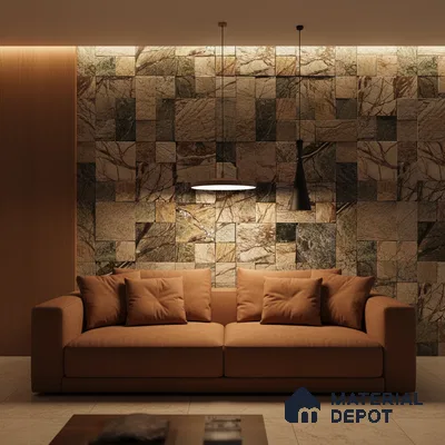 Modern living room with stone cladding accent wall and terracotta fabric sofa in Bengaluru