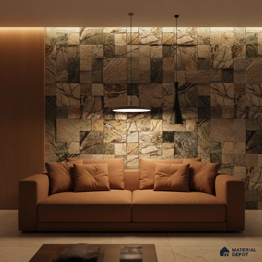 Modern living room with stone cladding accent wall and terracotta fabric sofa in Bengaluru