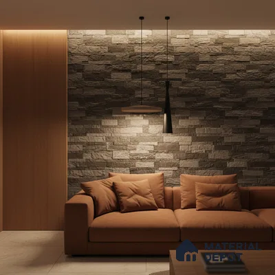 Modern living room with stone cladding accent wall and warm brown fabric sofa in Bengaluru