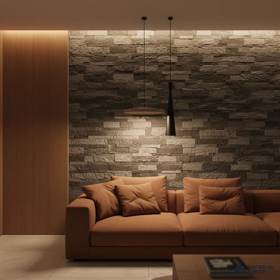 Modern living room with stone cladding accent wall and warm brown fabric sofa in Bengaluru