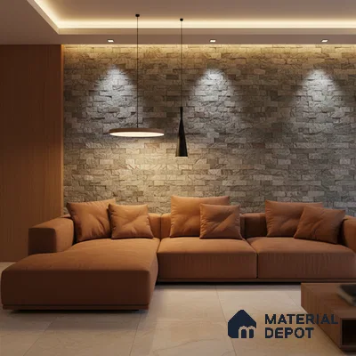 Modern living room with stone cladding accent wall, beige marble floor tiles, and tan fabric sectional sofa in Bengaluru