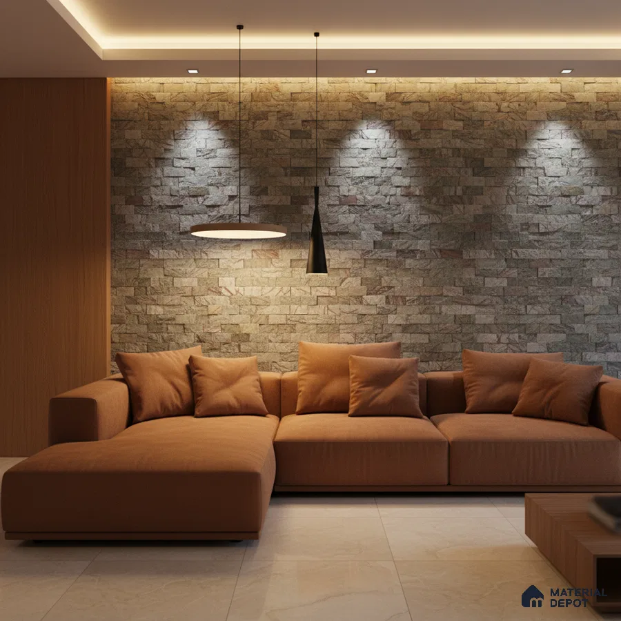 Modern living room with stone cladding accent wall, beige marble floor tiles, and tan fabric sectional sofa in Bengaluru