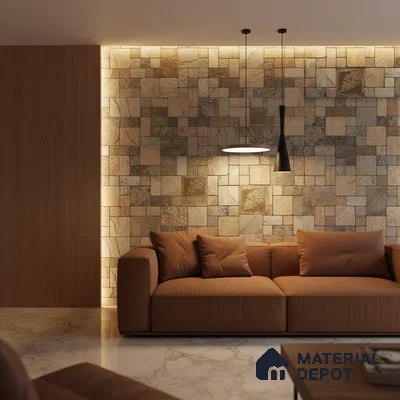 Modern living room with stone cladding accent wall, brown fabric sofa, and marble floor tiles in Bengaluru