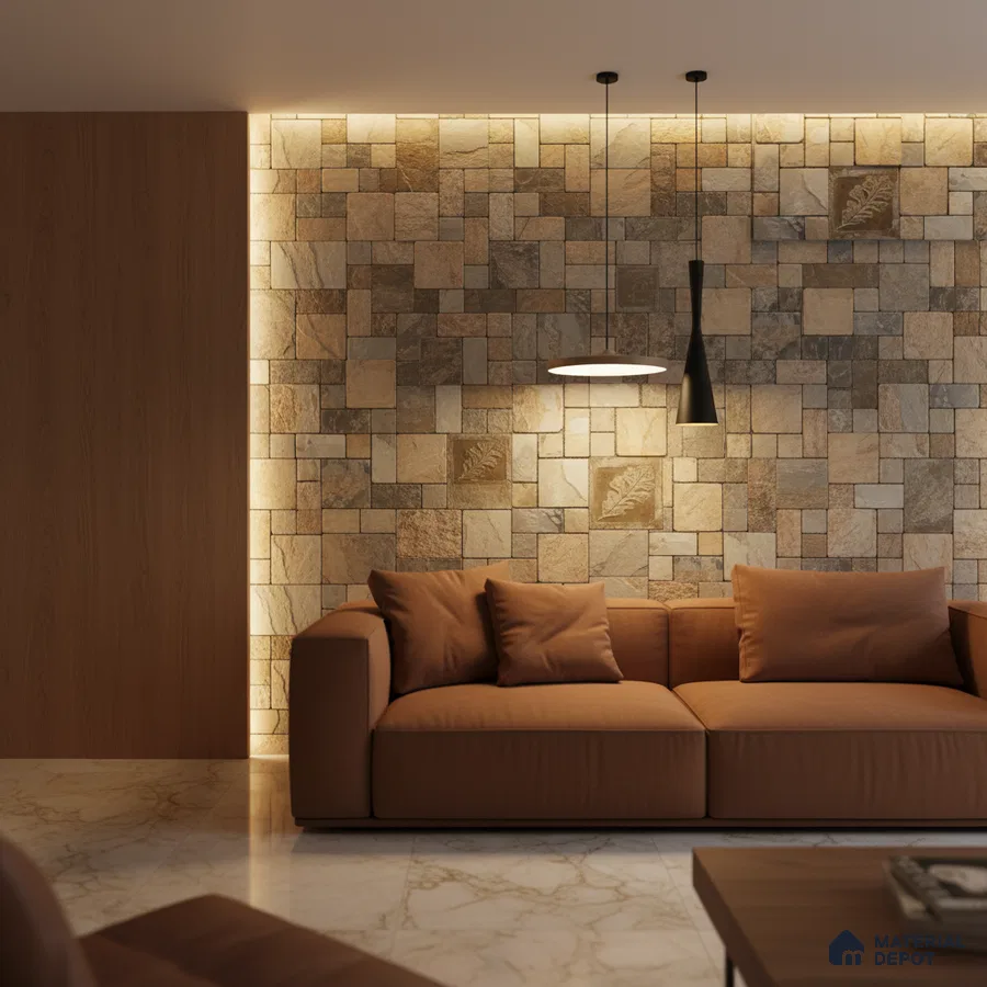 Modern living room with stone cladding accent wall, brown fabric sofa, and marble floor tiles in Bengaluru
