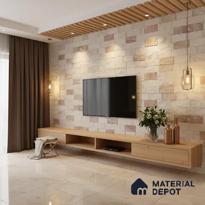 Modern living room with stone cladding accent wall, light oak floating TV unit, and marble floor tiles in Bengaluru
