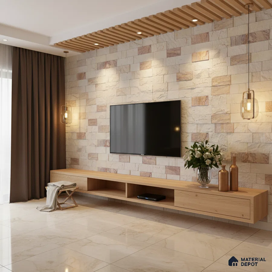 Modern living room with stone cladding accent wall, light oak floating TV unit, and marble floor tiles in Bengaluru