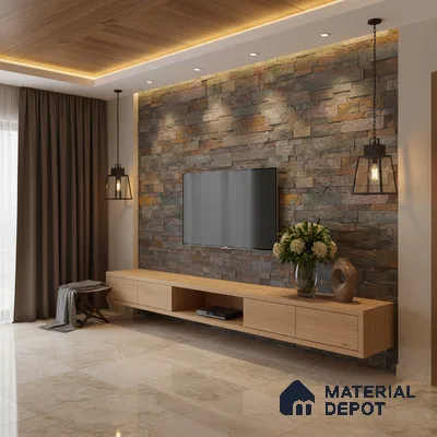 Modern living room with stone cladding accent wall, light oak laminate TV unit, and beige marble floor tiles in Bengaluru