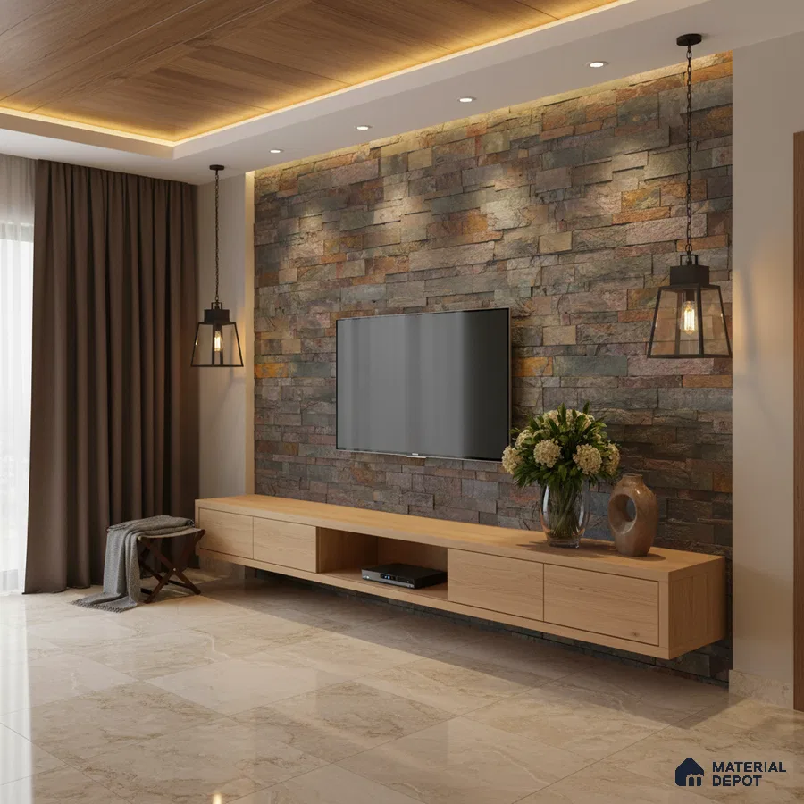 Modern living room with stone cladding accent wall, light oak laminate TV unit, and beige marble floor tiles in Bengaluru