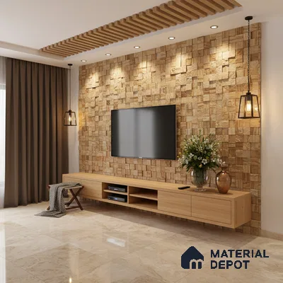 Modern living room with stone cladding accent wall, light oak laminate TV unit, and beige marble floor tiles in Bengaluru
