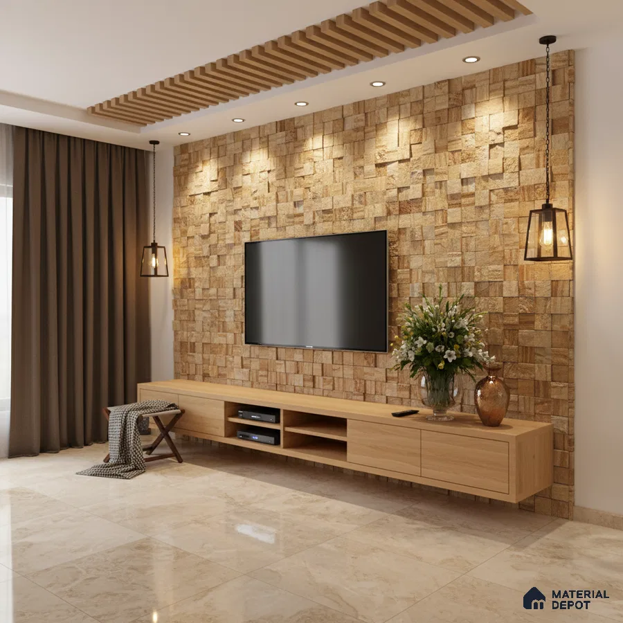 Modern living room with stone cladding accent wall, light oak laminate TV unit, and beige marble floor tiles in Bengaluru