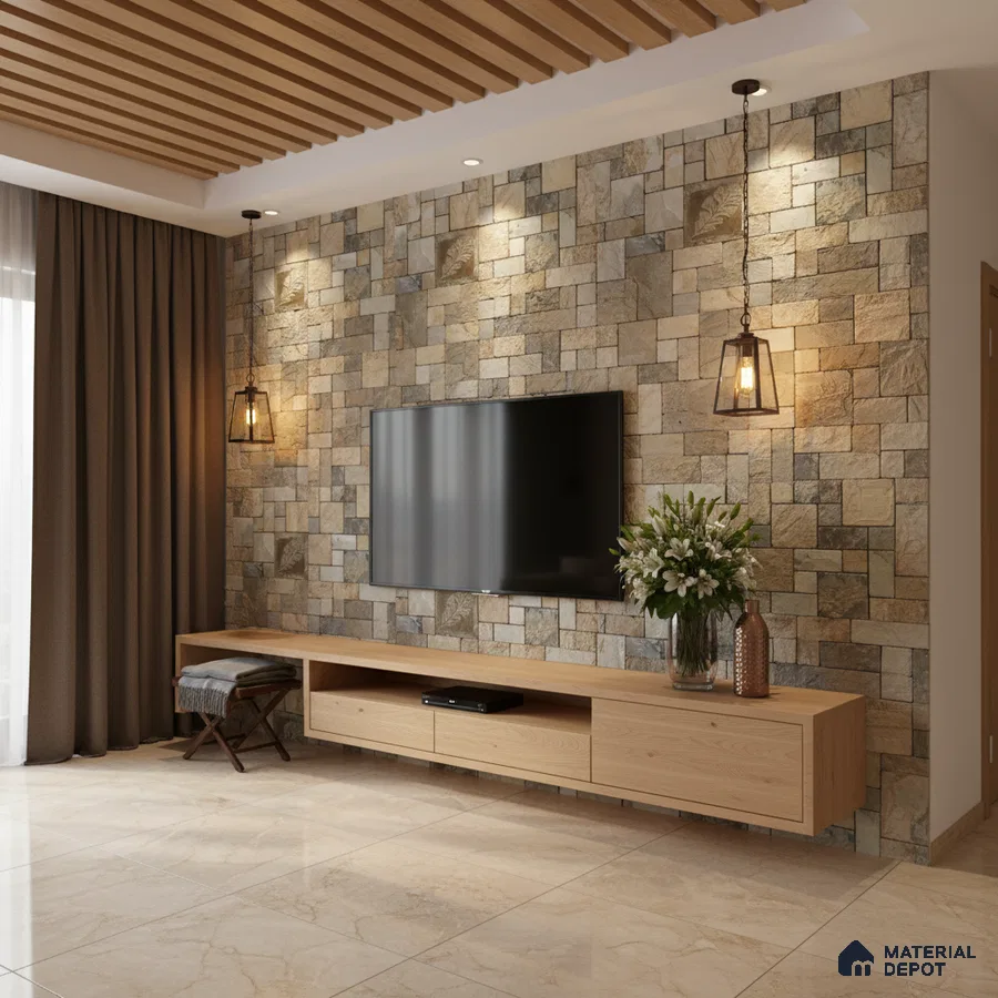 Modern living room with stone cladding accent wall, light oak laminate TV unit, and beige marble floor tiles in Bengaluru