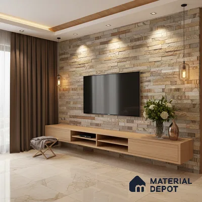 Modern living room with stone cladding accent wall, light oak laminate TV unit, and marble floor tiles in Bengaluru