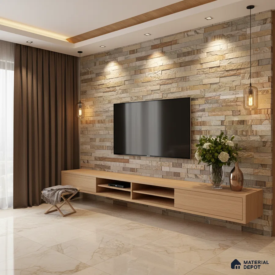 Modern living room with stone cladding accent wall, light oak laminate TV unit, and marble floor tiles in Bengaluru