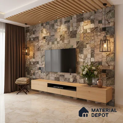 Modern living room with stone cladding accent wall, light oak laminate TV unit, and marble floor tiles in Bengaluru