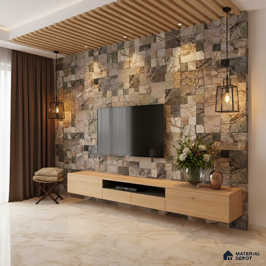 Modern living room with stone cladding accent wall, light oak laminate TV unit, and marble floor tiles in Bengaluru
