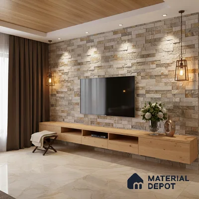 Modern living room with stone cladding accent wall, light wood TV unit, and beige marble floor tiles in Bengaluru