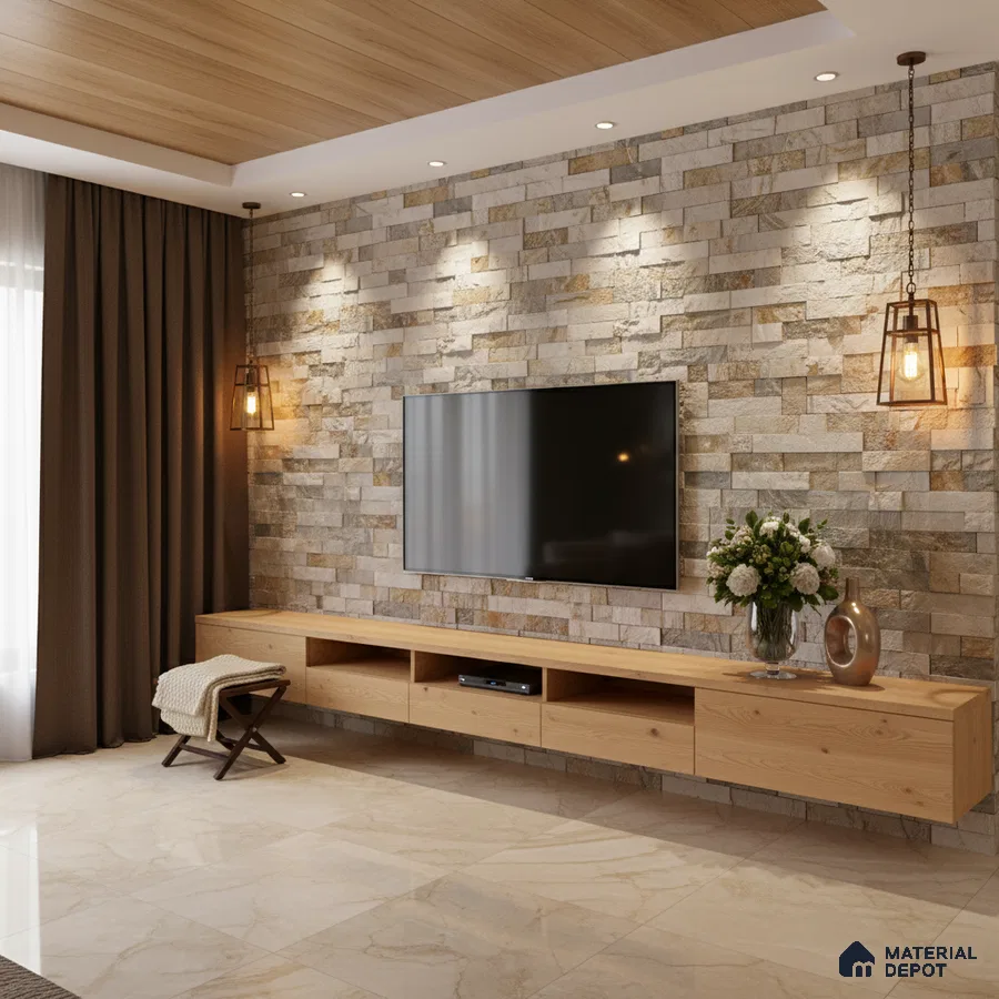 Modern living room with stone cladding accent wall, light wood TV unit, and beige marble floor tiles in Bengaluru