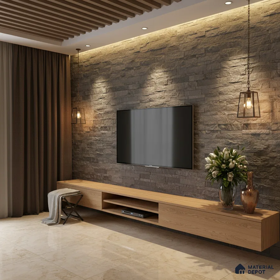 Modern living room with stone cladding accent wall, oak wood laminate TV unit, and beige marble floor tiles in Bengaluru