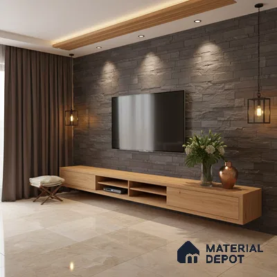 Modern living room with stone cladding accent wall, oak wood laminate TV unit, and beige marble floor tiles in Bengaluru