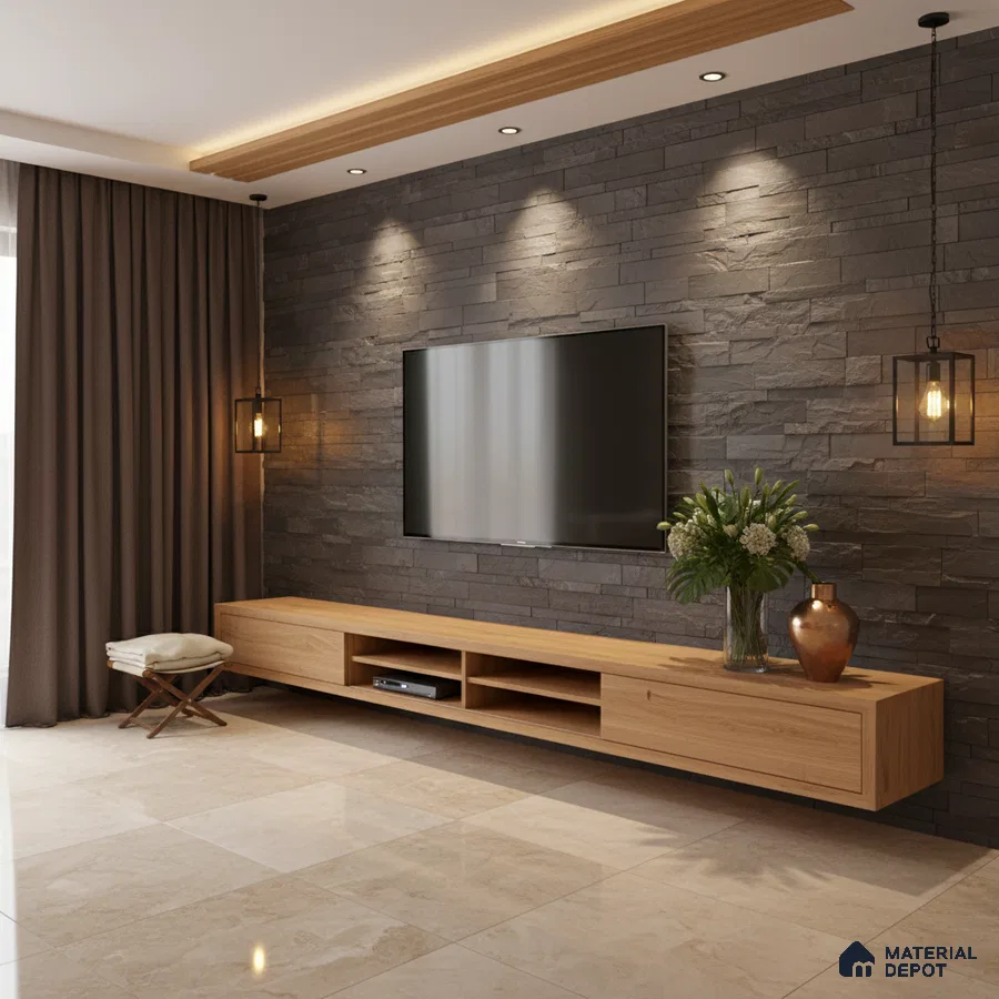 Modern living room with stone cladding accent wall, oak wood laminate TV unit, and beige marble floor tiles in Bengaluru