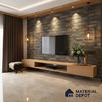 Modern living room with stone cladding accent wall, oak wood laminate TV unit, and beige marble floor tiles in Bengaluru