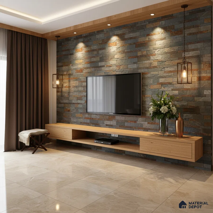 Modern living room with stone cladding accent wall, oak wood laminate TV unit, and beige marble floor tiles in Bengaluru