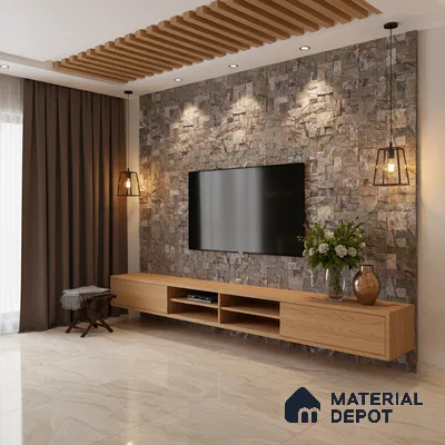 Modern living room with stone cladding accent wall, oak wood TV unit, and beige marble floor tiles in Bengaluru