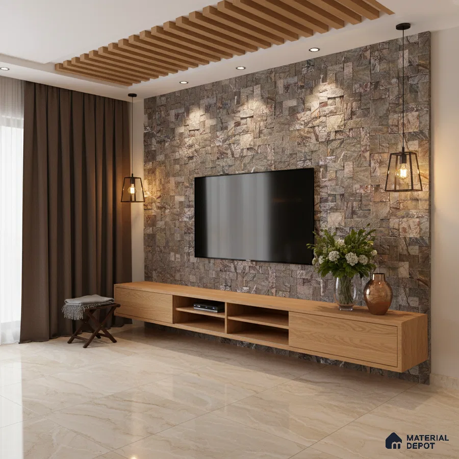 Modern living room with stone cladding accent wall, oak wood TV unit, and beige marble floor tiles in Bengaluru