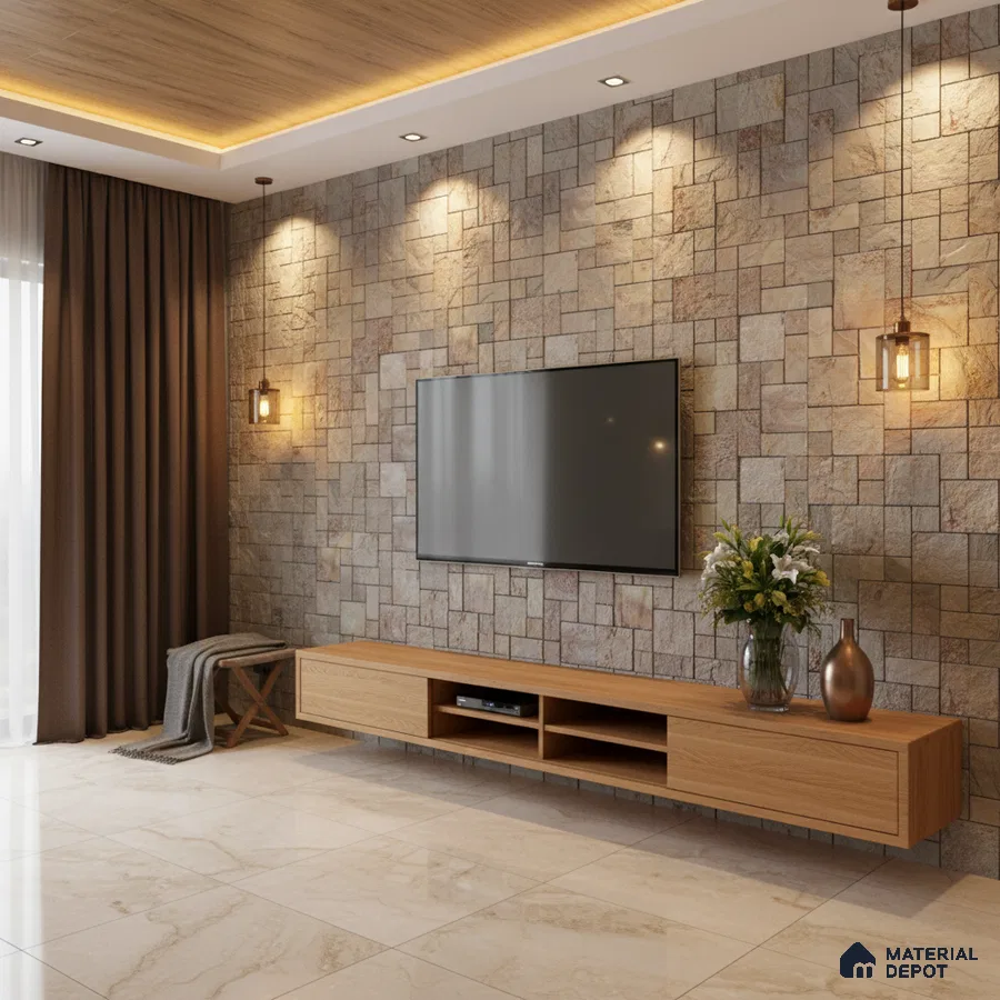 Modern living room with stone cladding accent wall, wooden floating TV unit, and beige marble floor tiles in Bengaluru