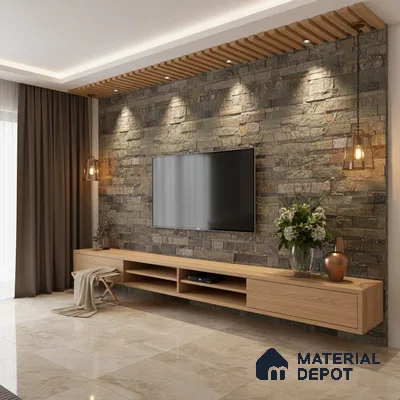 Modern living room with stone cladding accent wall, wooden TV unit, and beige marble floor tiles in Bengaluru