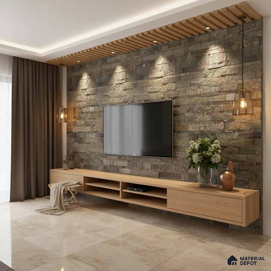 Modern living room with stone cladding accent wall, wooden TV unit, and beige marble floor tiles in Bengaluru
