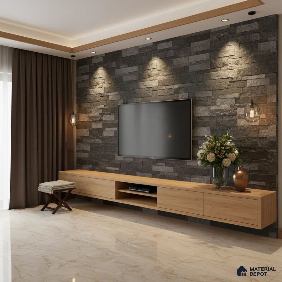 Modern living room with stone cladding TV wall and light oak laminate floating cabinet in Bengaluru