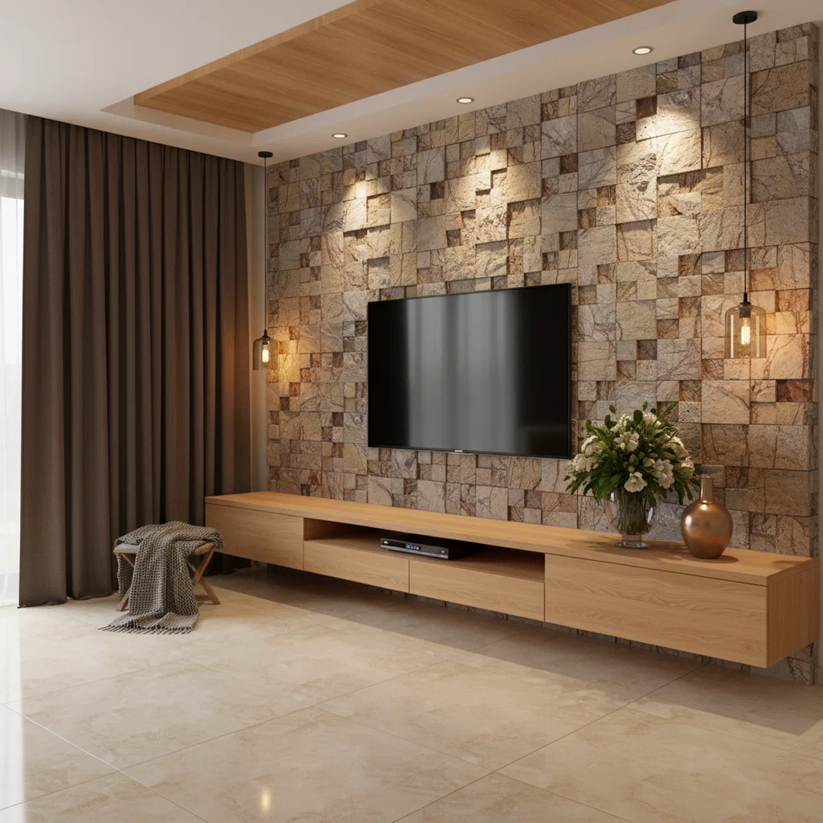 Modern living room with stone cladding TV wall and light oak laminate ...