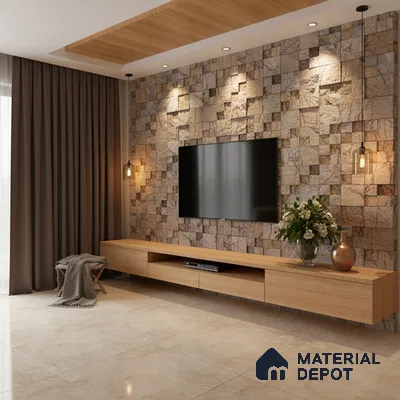 Modern living room with stone cladding TV wall and light oak laminate floating TV unit in Bengaluru