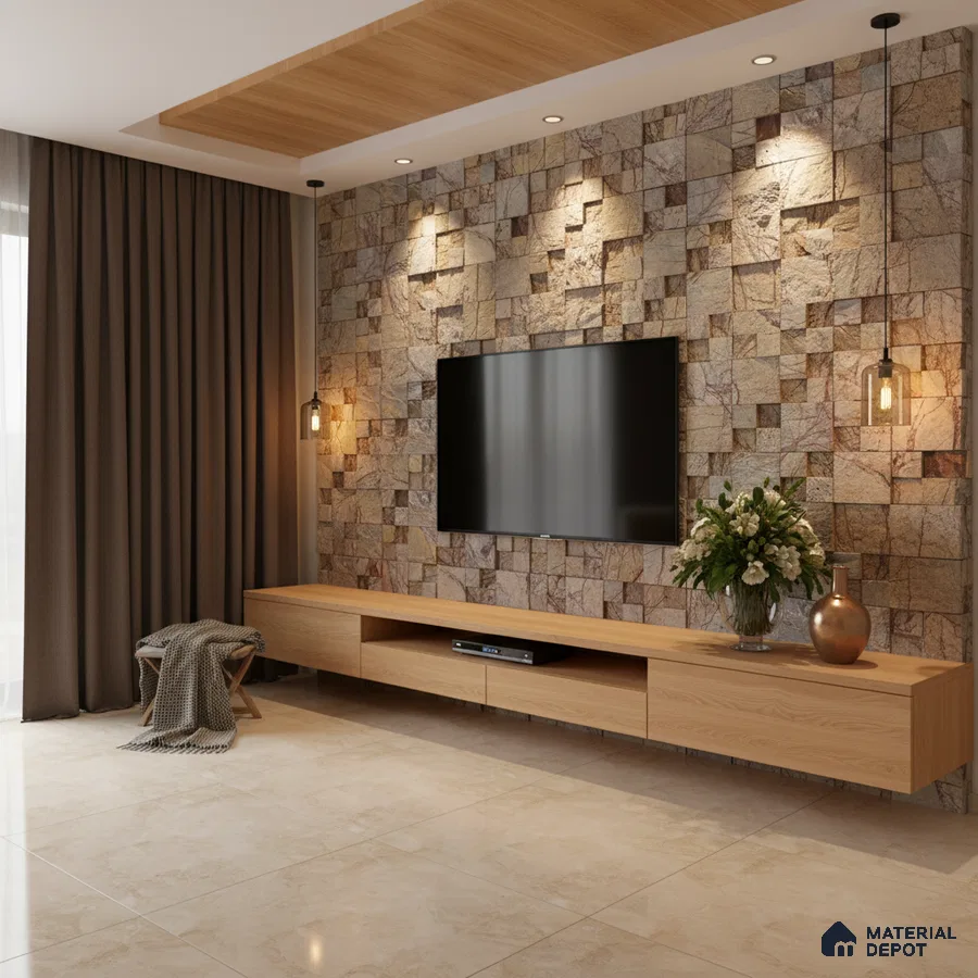 Modern living room with stone cladding TV wall and light oak laminate floating TV unit in Bengaluru