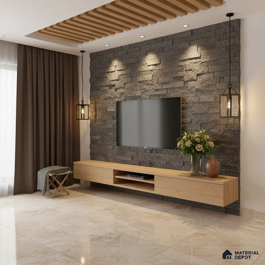 Modern living room with stone cladding TV wall, light oak laminate TV unit, and beige marble floor tiles in Bengaluru