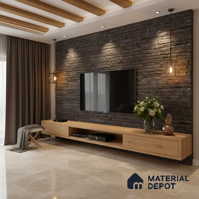 Modern living room with stone cladding TV wall, oak wood laminate TV unit, and beige marble floor tiles in Bengaluru
