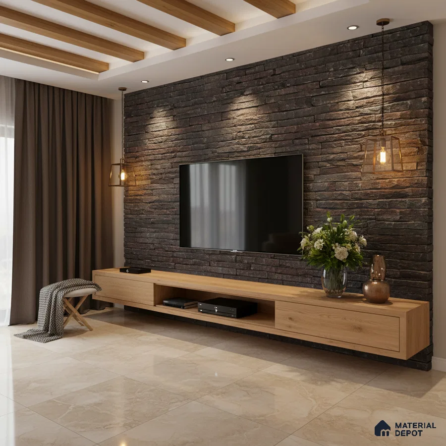 Modern living room with stone cladding TV wall, oak wood laminate TV unit, and beige marble floor tiles in Bengaluru