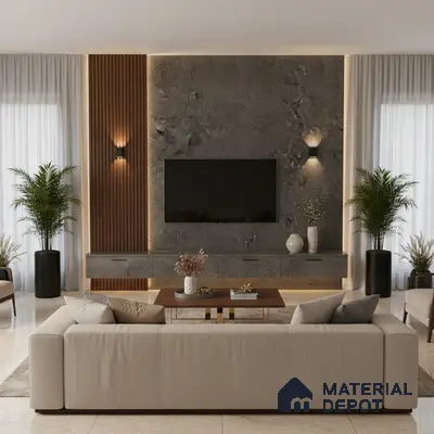 Modern living room with grey stone wall panels, wooden louvers, and beige marble floor tiles in Bengaluru