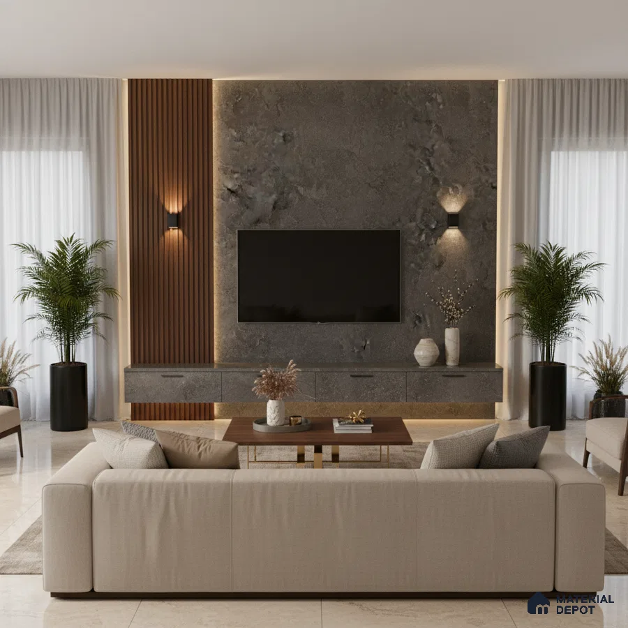 Modern living room with grey stone wall panels, wooden louvers, and beige marble floor tiles in Bengaluru
